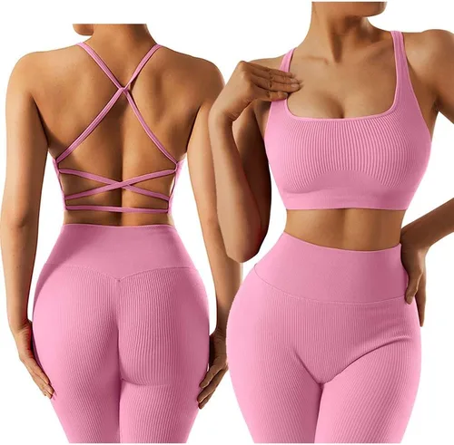 Miniatura 2 de OMKAGI Conjunto de entrenamiento acanalado para mujer, sin costuras, brasier deportivo con tiras y levantamiento de glúteos