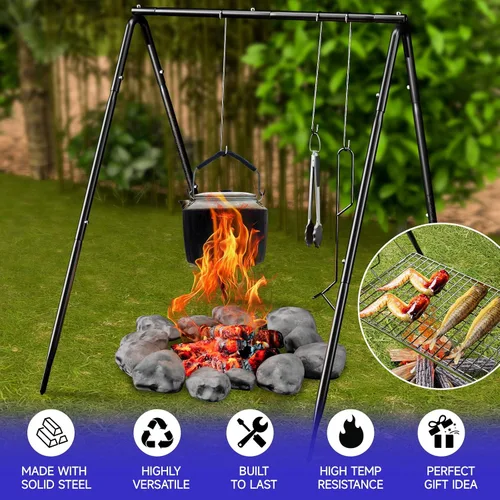 Miniatura 6 de Bruntmor - Soporte de cocina para fogata, parrilla para utensilios de cocina, horno holandés Bruntmor patas plegables ajustables con ganchos
