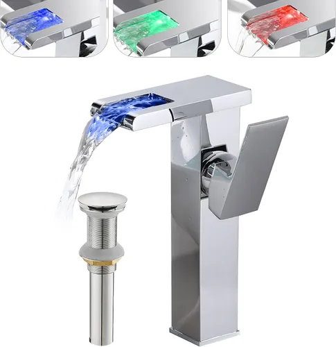 Grifo de baño cromado con luz LED, 3 cambiantes de color, cascada de una sola manija, un agujero, grifo de fregadero a juego, desagüe desplegable