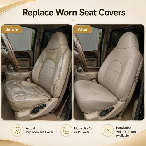 Miniatura 4 de NLQR Fundas de asiento de repuesto para parte inferior y superior del lado del conductor, cuero de microfibra marrón compatible con Ford F250 F350
