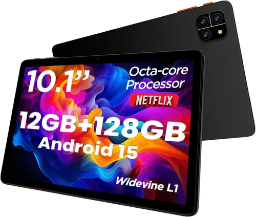 Tableta: Tablet de 10 pulgadas, tabletas Android 15, 12 GB de RAM 128 GB ROM, procesador Octa-core, pantalla IPS HD, Widevine L1, WiFi 6 y Bluetooth