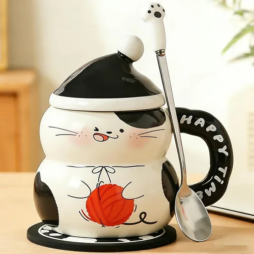 Miniatura 16 de Disoza Taza de Gato con Tapa Regalo de Gato Taza de Té de Cerámica con Cuchara Taza de Té de Café 400 ML Taza de Navidad Regalo de Cumpleaños