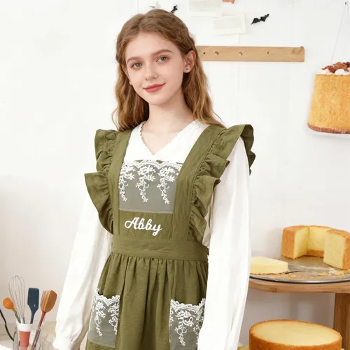 Miniatura 5 de Delantal vintage para mujer con bolsillos, delantales de chef personalizados con nombre para cocina, cocción, hornear, jardinería encaje verde