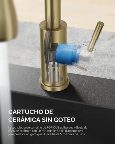 Miniatura 5 de FORIOUS Grifo de cocina dorado con rociador desplegable, grifo de fregadero clásico de acero inoxidable de arco alto con mango único, 1 o 3