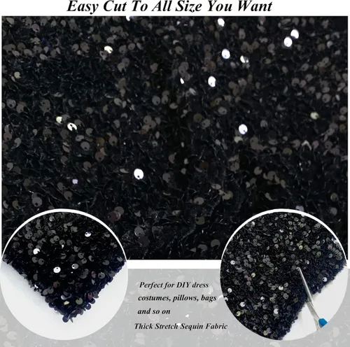 Miniatura 5 de Tela de lentejuelas negras de terciopelo de 1 yarda de largo, tela de lino brillante para coser, tela de spandex de terciopelo para vestido