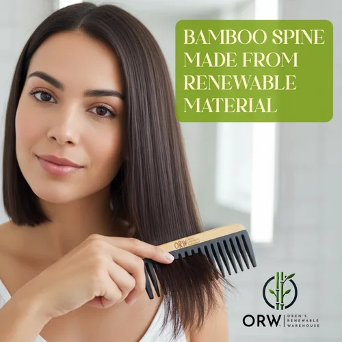 Miniatura 5 de Peine de dientes anchos de bambú OBW – desenredante para cabello rizado, grueso y natural – Dimensiones: 5.8 x 2.1 pulgadas, 1.1 oz – Peine ligero