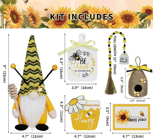 Miniatura 4 de Juego de decoración de bandejas escalonadas de abeja, 6 piezas de decoración de cocina de verano con gnomo, tarro de miel, colmena de abejas
