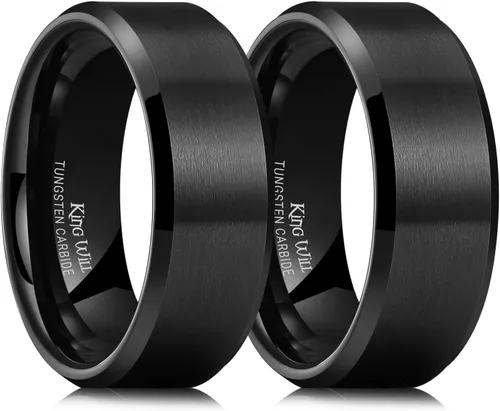 Miniatura 33 de King Will Anillo de boda de tungsteno para hombre, disponible en 15/64 a 25/64 de pulgada (6 a 10 mm), negro/plata, acabado mate, borde pulido