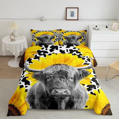 Miniatura 25 de Feelyou Juego de ropa de cama de vaca de las Highland para niños, edredón de ganado con girasol para niñas, adolescentes, juego de edredón
