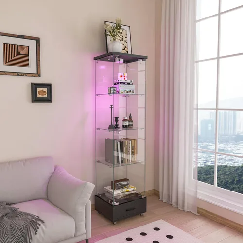 Miniatura 33 de Vitrina de cristal con 3 estantes con 2 puertas, vitrina de cristal transparente para sala de estar, dormitorio, 49.49 x 31.77 x 14.37 pulgadas