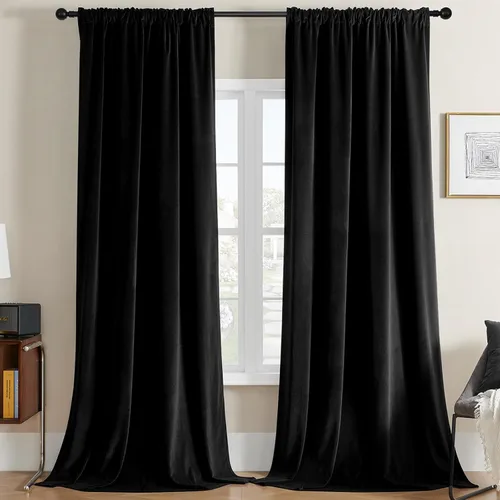 Miniatura 29 de Joydeco Cortinas de terciopelo negro de 63 pulgadas de largo, 2 paneles, cortinas opacas de lujo con bolsillo para barra, cortinas de ventana
