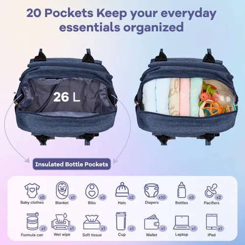 Miniatura 4 de RUVALINO Pañalera tipo mochila, mochila multifuncional para viajes, bolsas para cambiar al bebé de maternidad, gran capacidad, impermeable, azul