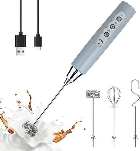 Miniatura 40 de YUSWKO - Espumador de leche recargable de mano con 3 cabezas, mezclador de bebidas con 3 velocidades ajustables para latte, cappuccino, chocolate