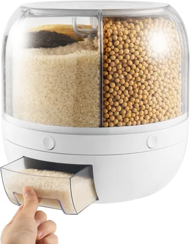 LOYALHEARTDY Dispensador de arroz y granos de 6 rejillas, contenedores de arroz automáticos giratorios de 360°, cubo de arroz de 13 libras con taza