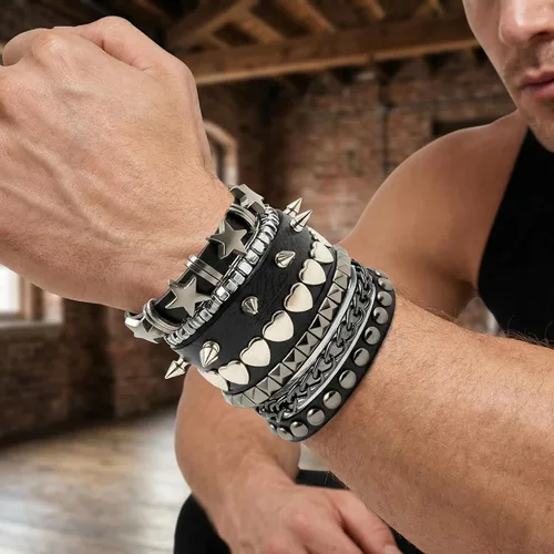 Miniatura 4 de 5 pulseras punk con tachuelas para mujeres y hombres, pulseras de remaches de metal de estilo alternativo de rock, juego de joyería hip hop