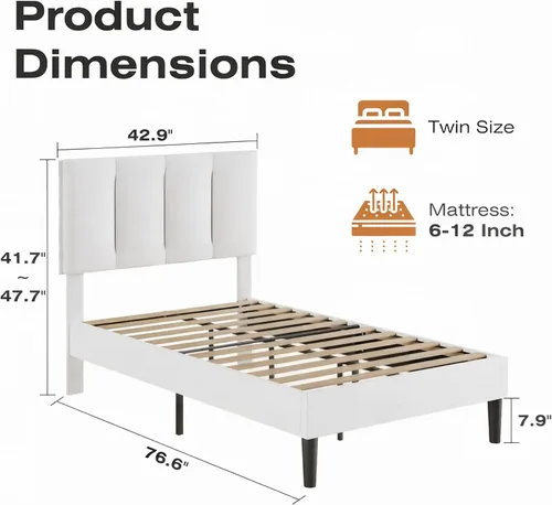 Miniatura 2 de VECELO - Base de cama tamaño individual con cabecera tapizada, plataforma con soporte de listones de madera de alta resistencia, no necesita somier