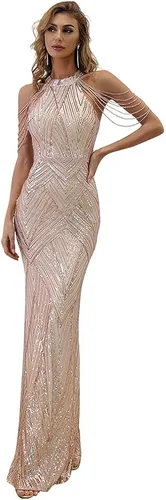 Miss ord Vestido de fiesta formal con borlas y lentejuelas para mujer, elegante vestido de noche de sirena