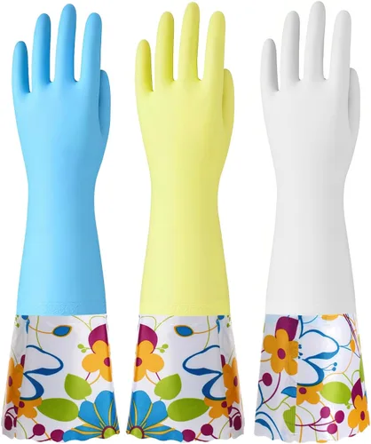 Miniatura 8 de Bamllum 3 pares de guantes de goma para limpieza, guantes de cocina para el hogar con forro de algodón, puño largo de 16 pulgadas, reutilizables