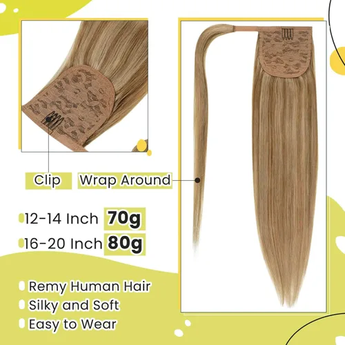 Miniatura 2 de RUNATURE - Extensión de cola de caballo de cabello humano con pinzas y cinta mágica, extensión de cabello corto, lacio y grueso, color rubio oscuro