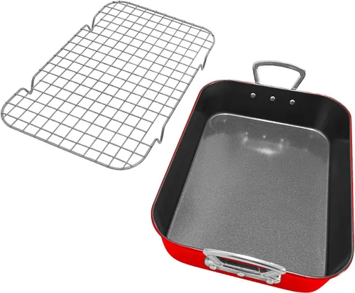 Miniatura 6 de Sartén para asar con estante antiadherente para hornear con asa, de acero al carbono, para asar pavo, pollo, verduras, carne de res, mariscos, Rojo
