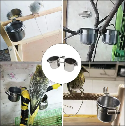 Miniatura 4 de Mipcase Accesorios para pájaros, accesorios para jaulas, comedero de agua para pájaros, cuenco colgante de jaula de acero inoxidable con abrazadera