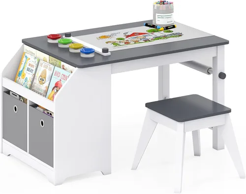 Costzon Mesa y sillas de arte para niños, juego de escritorio de actividades de madera con rollo de papel, 4 tazas de pintura, estantes de Gris