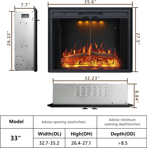 Miniatura 2 de Valuxhome Inserto de chimenea eléctrica de 35.63” de ancho y 27.5" de alto con ajustes de temperatura baja/alta, pantalla de malla móvil y puerta