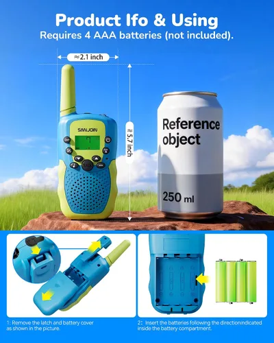 Miniatura 6 de SANJOIN Paquete de 2 walkie talkies para niños, juguetes para niños de 3 a 12 años, juegos al aire libre, walkie talkie de rango de 3 millas