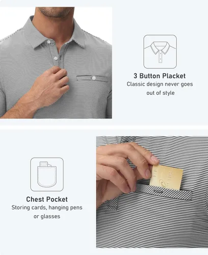 Miniatura 4 de MoFiz Polo de golf para hombre, ajuste seco, a rayas, de manga corta, absorbe la humedad, con bolsillo