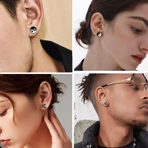 Miniatura 2 de YCL&TXL Juego de 6 pares de aretes de acero inoxidable con patrón Yin y Yang para hombre, redondos, color negro, 0.394 in, Acero inoxidable, No es