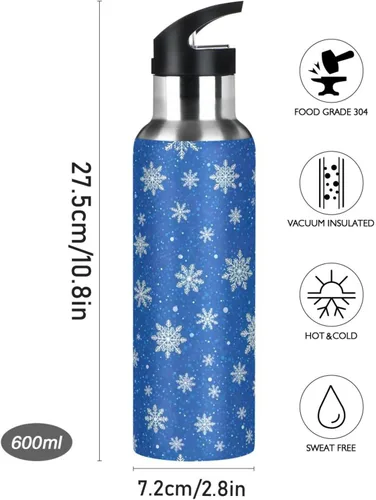 Miniatura 9 de BPA-Free Sport Water Bottle Insulated 32 Oz, Stainless Steel Water Bottle for Gym Outdoor Travel School, White Snowflakes Blue