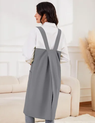 Miniatura 7 de Schine Pinafore de algodón con espalda cruzada para mujer, con bolsillos grandes, prácticos delantales para trabajos de jardinería, cocina, Gris