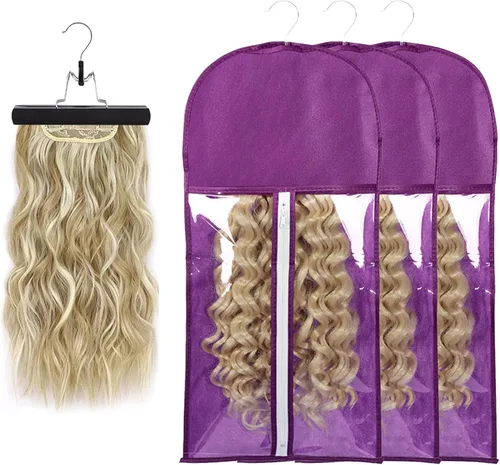 Miniatura 13 de 3 piezas de bolsa de almacenamiento extralarga para pelucas con colgador de madera, bolsa de almacenamiento para extensiones de cabello con Rosa Hot