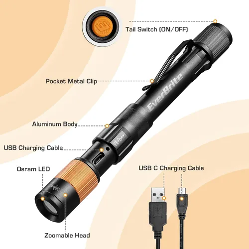 Miniatura 6 de EverBrite Paquete de 2 mini bolígrafos de luz, linterna recargable de bolsillo con cable USB C, 4 modos de luz, linterna pequeña de 300 lúmenes
