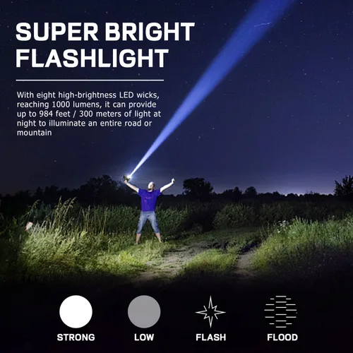Miniatura 5 de Linterna Solar de 8 LED con Luz Lateral COB, 1000 Lúmenes Linternas Alimentadas por Energía Solar, Linternas de Mano Impermeables con Carga Solar
