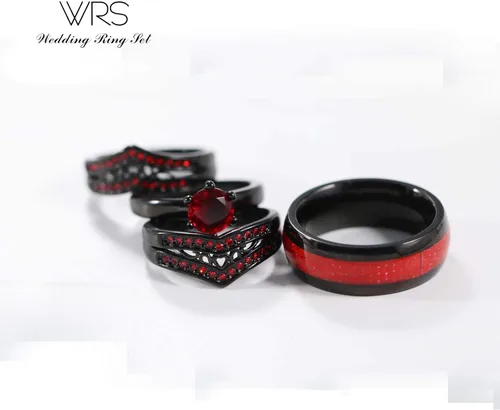 Miniatura 3 de Juego de anillos de boda de dos anillos para parejas, anillos a juego para mujer, 2 piezas, chapado en oro negro, circonita roja, anillo