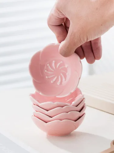 Miniatura 6 de Jusalpha Juego de 5 piezas de plato de salsa de cerámica con diseño de flores de cerezo rosa, plato de condimentos, tazón para sushi con salsa