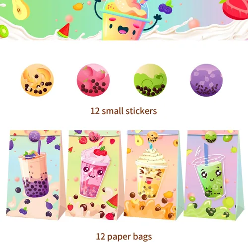 Miniatura 5 de 12 bolsas de fiesta de té Boba con calcomanías, recuerdos y decoraciones de fiesta de té Boba