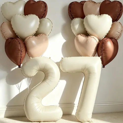 Miniatura 18 de Globos de 40 pulgadas color crema número 10, 17 piezas de globos de helio grandes con globos de corazón neutros crema nude caramelo beige marrón