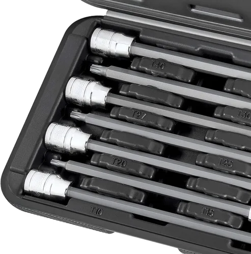 Miniatura 5 de CARBYNE Juego de llaves Torx extra largas de 7 piezas, T10 a T40, 3/8 pulgadas, brocas de acero S2, enchufes CrV, fosfato de zinc, 6.1 pulgadas