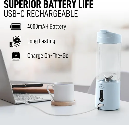 Miniatura 8 de Zulay Kitchen Licuadoras personales de 18 onzas que trituran el hielo, licuadora de viaje inalámbrica recargable por USB-C, licuadora portátil