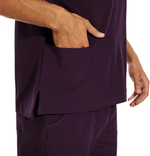 Miniatura 5 de COZYFIT Conjunto de ropa quirúrgica para hombre camiseta elástica con cuello en V y pantalón deportivo con 8 bolsillos, cintura de yoga, ropa