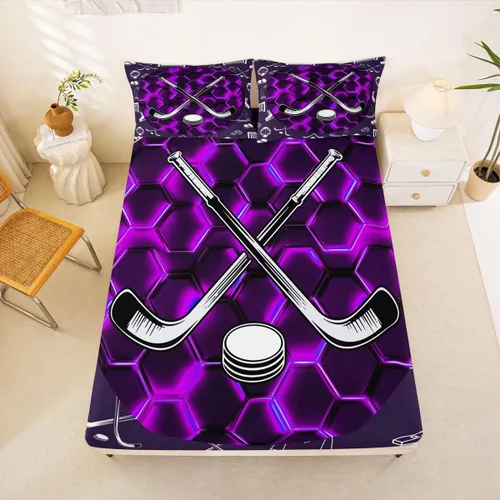 Miniatura 13 de Sábana bajera ajustable de hockey sobre hielo, tamaño individual, para adolescentes y niñas, juego de ropa de cama de hockey para decoración de sala
