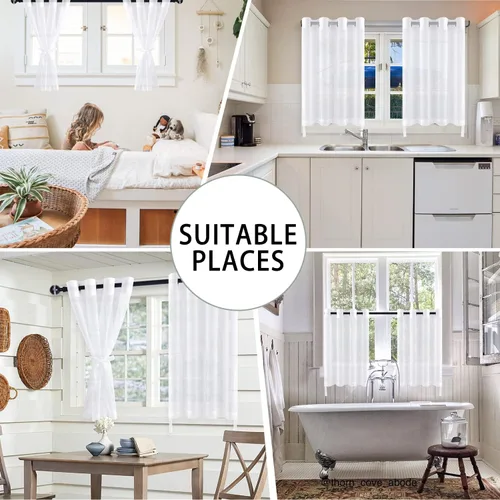 Miniatura 5 de Hiasan - Cortinas traslúcidas de gasa cortas semitransparentes con ojales y alzapaños filtrantes de luz para ventana, dormitorio, baño, 2 paneles