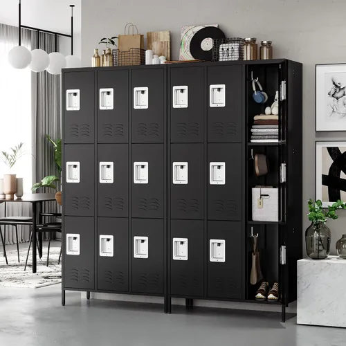 Miniatura 2 de STANI Taquillas de metal para empleados con cerradura, armario de almacenamiento de acero de 9 puertas altas con estantes, gabinete de acero