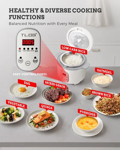Miniatura 4 de TLOG Arrocera baja en carbohidratos 2L (8 tazas cocidas), arrocera saludable baja en azúcar con cesta de vapor de acero inoxidable 304, 5 preajustes