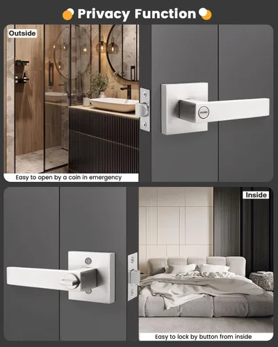 Miniatura 5 de Gobrico - Paquete de 10 manijas de privacidad cuadradas de níquel satinado, manijas interiores para puerta de dormitorio y baño, botón de giro