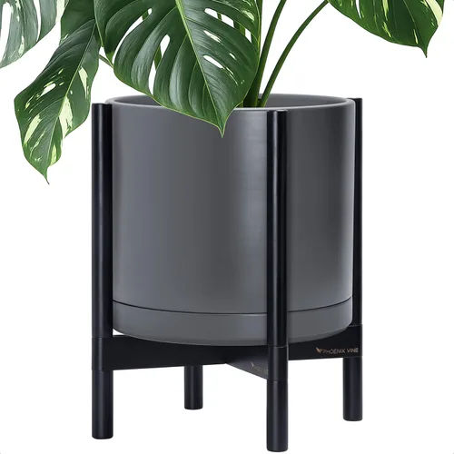 Miniatura 9 de D'vine Dev Maceta de cerámica con soporte de ébano – Maceta redonda moderna de 8 pulgadas con soporte para maceta de madera, color negro, 55-B-M-2