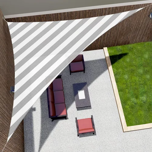 Toldo triangular derecho a rayas grises y blancas, 2 x 2 x 3 pies, tela permeable al aire, toldo resistente para patio, jardín, al aire libre