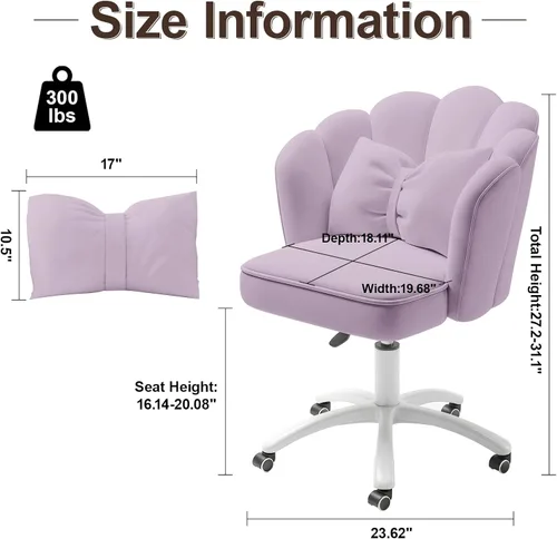 Miniatura 2 de Silla de tocador con ruedas Silla de escritorio de terciopelo con pétalos Silla de oficina en casa copetada tapizada para mujeres y niñas, Silla